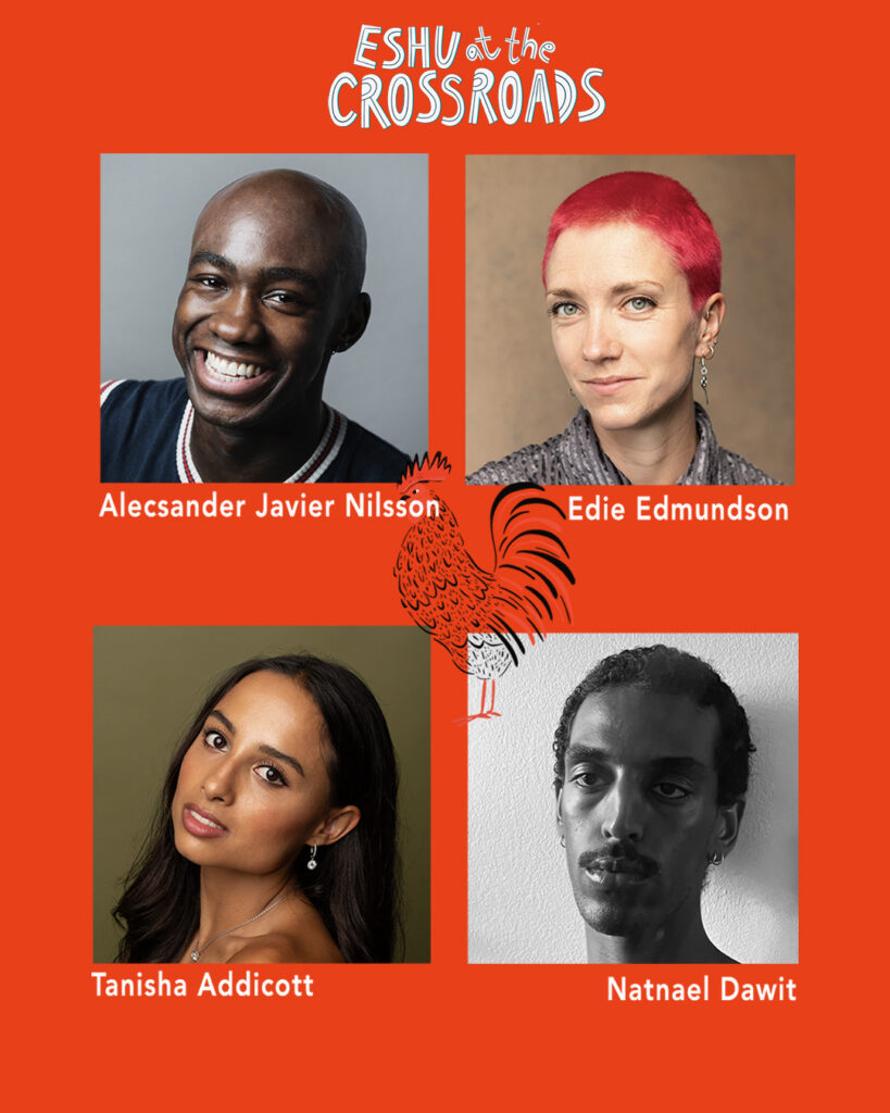 on a vibrant red background are four photographs of performers. Top left a smiling Black man with bald head, top right a thoughtful looking white woman with pink hair. Bottom left a woman of mixed white and Asian ethnicity, with long brown hair looking sideways into the camera; and bottom right a Black man with a buzz cut hairstyle looking unsmilingly into the camera