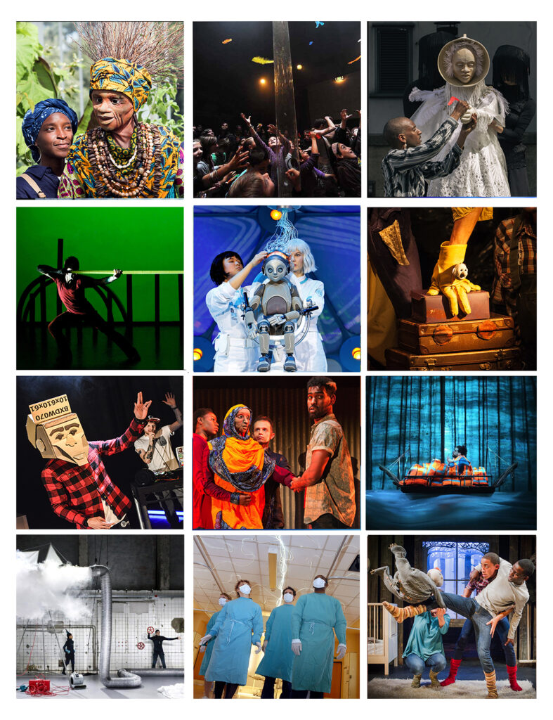 a grid of 12 colourful images representing 12 different Theatre-Rites productions. There are a mixture of performers and puppets and one image of children in the audience reaching to catch feathers.