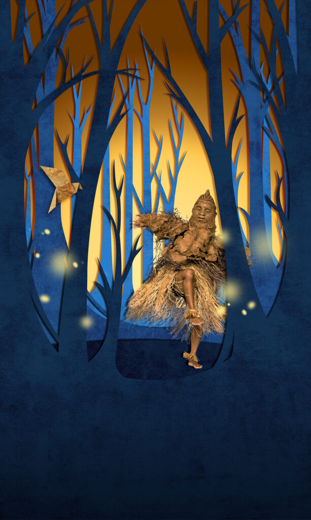 a cut out blue forest showing only tree trunks and barks with a yellow background. In the foreground is a bird made out of an old map, some glowing firelies and a dancer moving with one leg lifted. The dancer is wearing a mask made out of coconut matting and long raffia skirting covering their body