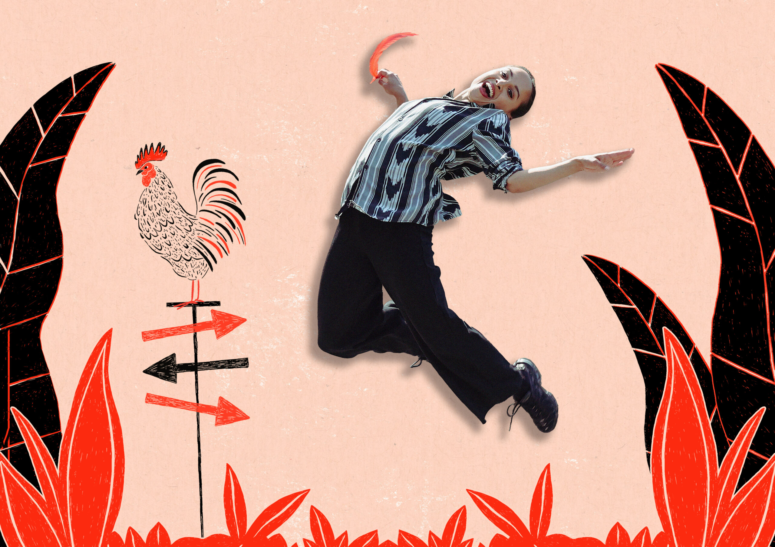 a dancer jumps in the air over an illustrated area with red and black grass. To her left is an illustration of a rooster on a crossroads