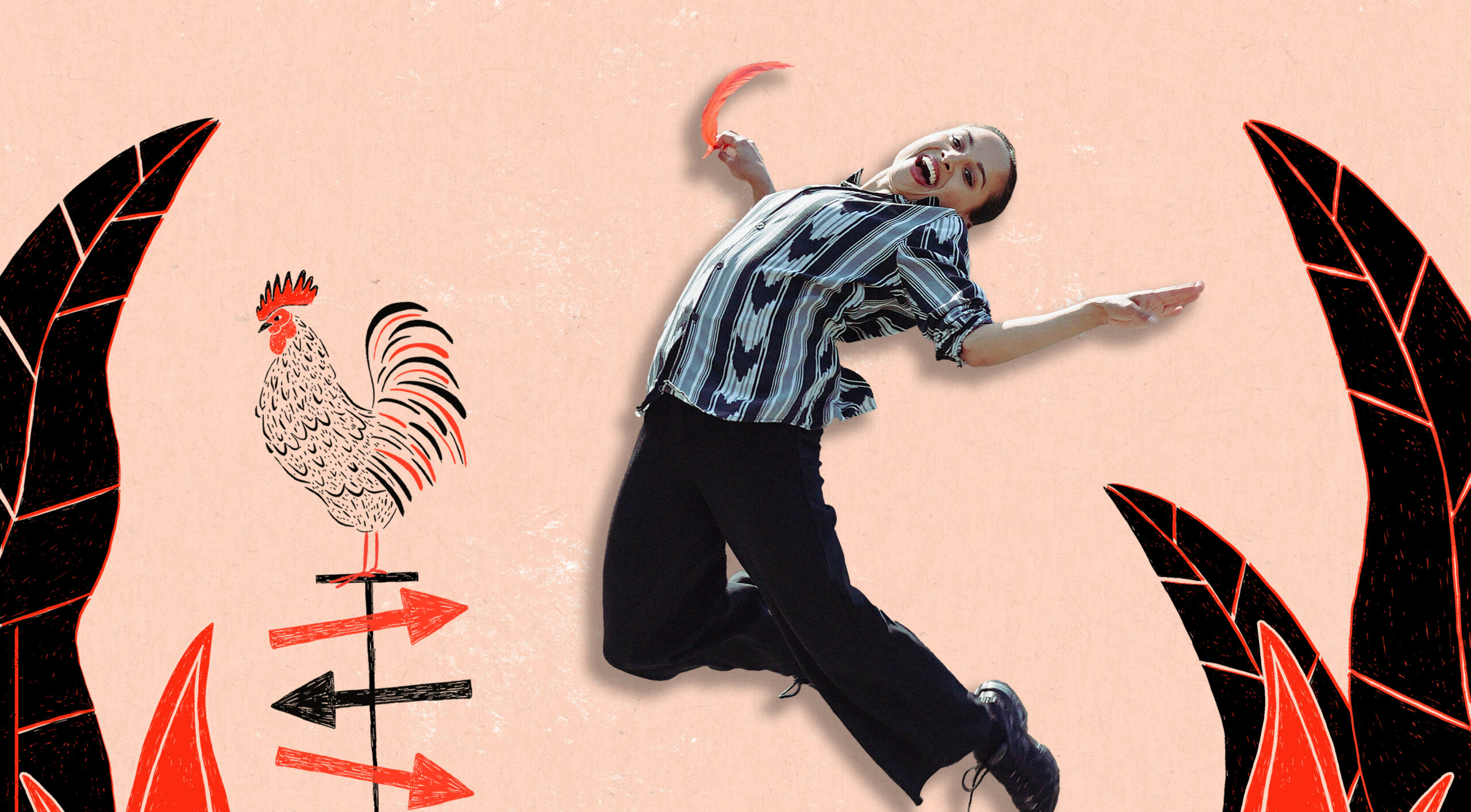 a dancer jumps in the air over an illustrated area with red and black grass. To her left is an illustration of a rooster on a crossroads